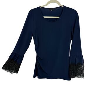 KOBE Knit Sweater Womens Medium Navy Blue Pullover Top Round Neck Lace Cuffs